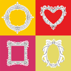 set of four elegant vintage decorative frames floral details and bows. White heart, circle, oval, square silhouettes on colored. Baroque-style decorative elements for wedding invitations, postcards