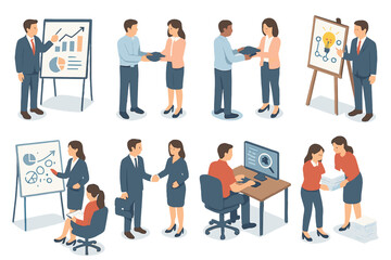 Business People Collaboration. Isometric vector illustration set of Business People: financial advisor showing chart, coworker