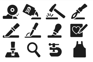 Obraz premium Metalwork Tools Icons. Solid style icons of Metalwork process: polishing wheel, acid etch, hammering surface, annealing flame,