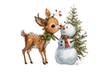Cute fawn shares a sweet winter moment with a friendly snowman near a festive Christmas tree.