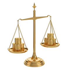 Balanced golden scale symbolizing justice, law, and financial fairness, perfect for legal and business design projects. isolated on white or transparent background.PNG format.