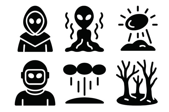 Cryptid Icons Collection. Line style icons of Cryptid Research: Flatwoods Monster, alien mist, glowing object, helmeted head,