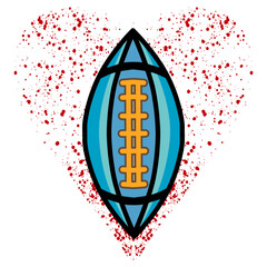 Grunge heart-shaped red paint splatter on an American football ball