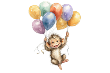 Joyful baby monkey soaring through sky holding colorful balloons, pure happiness