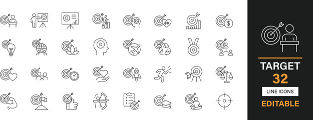 Target 32 editable line icons pack. Goal, achievement, success, focus, bullseye, arrow, progress, strategy, vision, milestone, growth, planning, objective, winner and more icons.