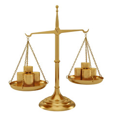 Balanced golden scale symbolizing justice, law, and financial fairness, perfect for legal and business design projects. isolated on white or transparent background.PNG format.