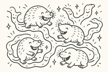 Joyful Mole-Rat Adventure. Joyful doodle subterranean navigation with happy mole-rats, cartoon dirt tunnels waving, smiling