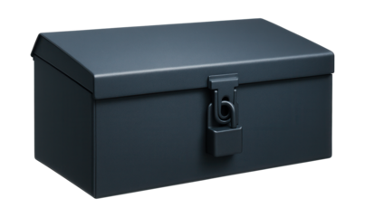 Steel tool storage box with powder coating and padlock eye for construction sites.