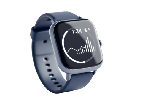 Smartwatch with Digital Display Showing Heart Rate and Activity Data on Transparent Background