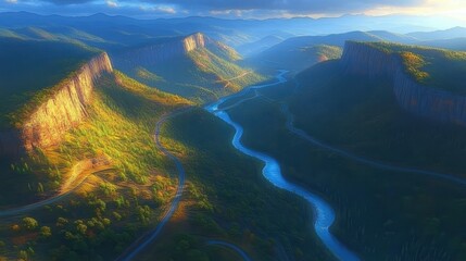 Breathtaking canyon landscape with river and winding road.
