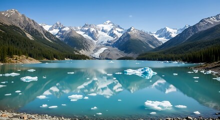 Scenic Lake and Glacier Landscape with Blue Background A Stunning Natural Vista