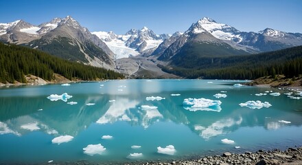 Breathtaking glacial lake reflecting towering snow-capped mountains under a clear sky, showcasing a mesmerizing blue background with scattered ice floes amidst pristine wilderness