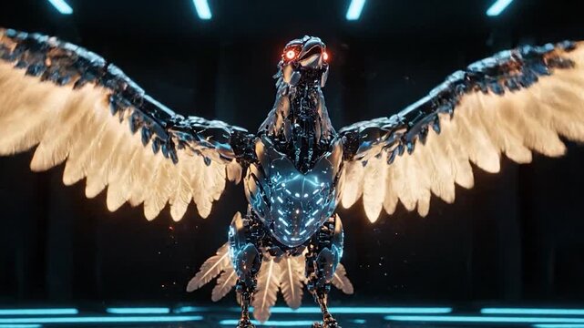 A robotic bird with glowing red eyes and feathered wings spreads its wings in a dark environment