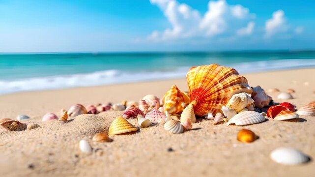 Aerial view of seashells on sandy beach with turquoise ocean background.