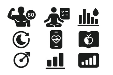 Anti-Aging Lifestyle Icons. Solid style icons of anti-aging lifestyle tracking: fitness + age ring, meditation log icon, hydration