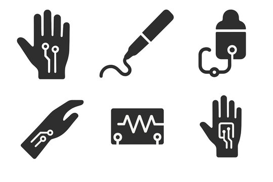 Skin Circuit Icons. Solid style icons of conductive bio-inks and skin circuits: printed circuit on hand icon, bio-pen drawing line