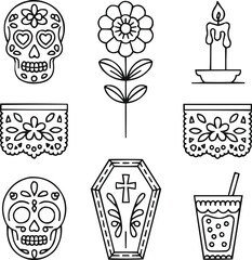 Day of the Dead Outline Icons   Sugar Skull and Celebration Symbols
