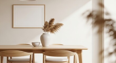 Illustration of modern dining room with blank frame and pampas grass vase on wooden table