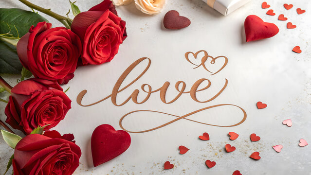 Red roses and hearts, embodying love and romantic sentiment for Valentine's Day