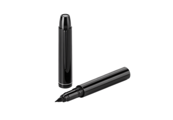 Black marker pen with cap removed, glossy finish, standing upright position, isolated on a transparent background