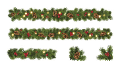 Christmas garlands and fir branches with pine cones, holly berries, ribbons, and glowing lights — perfect for holiday banners, greeting cards, posters, and festive decorations on transparent backgroun