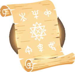 Ancient scroll with mystical symbols and magical inscriptions on parchment paper