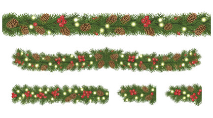 Festive Christmas garland border with fir branches, lights, and holly — suitable for greeting cards, holiday banners, poster templates, and transparent background vector designs.