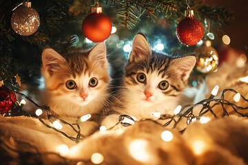 The fluffy cats climbed inside the Christmas tree.