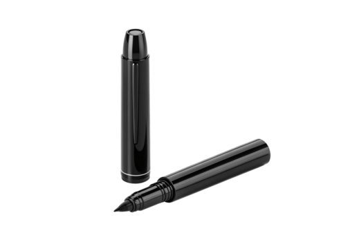 Black marker pen with cap removed, glossy finish, standing upright position, isolated on a transparent background