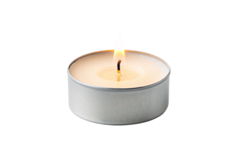 White metal tealight candle, burning bright, cozy atmosphere, simple design, glowing warmly, isolated on a transparent background