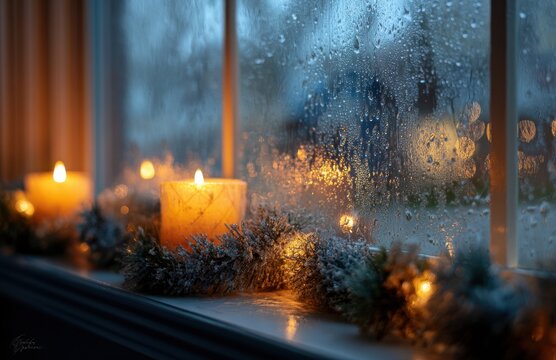 Candles glowing on frosted window with pine garland - Powered by Adobe