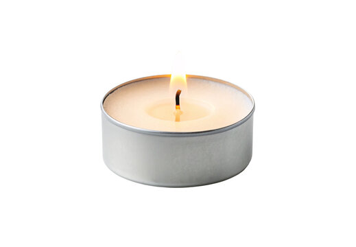 White metal tealight candle, burning bright, cozy atmosphere, simple design, glowing warmly, isolated on a transparent background