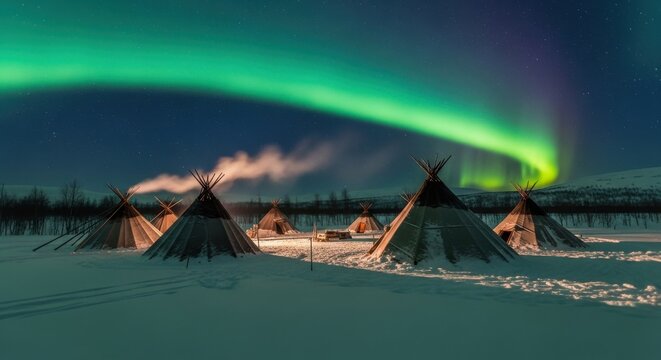 Magical Northern Lights Dance Over Traditional Arctic Dwellings in Snowy Landscape.