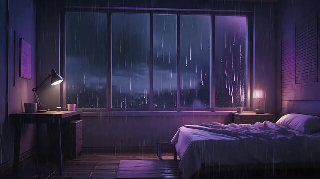 Cozy Bedroom Ambience with Rain Against the Window at Night. Virtual backgrounds loop animation for stream overlay, meditation, smooth jazz or white noise video. Cozy lo-fi background.