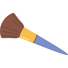 A makeup brush with a brown fluffy brush head a yellow middle section and a blue handle on a transparent background