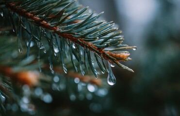 Pine branch macro with raindrops and soft reflections
