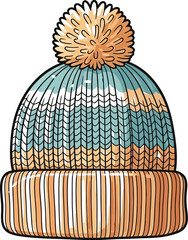 Colorful knitted winter hat with pompom on a snowy background illustration art