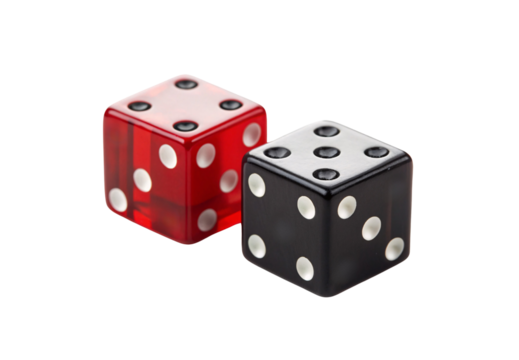 Red transparent die and black die, gaming equipment, showing multiple dots, cubic form, isolated on a transparent background