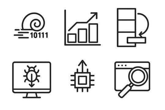 Exploit Development Icons. Line style icons of exploit development skills: shellcode icon, buffer overflow chart, return address