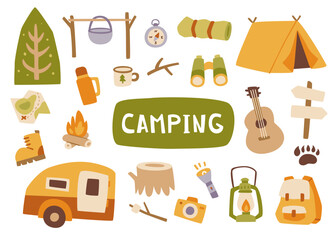 Forest camping set. Doodle camp vector collection. Cartoon trekking bundle.