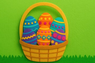 A basket full of colorful eggs adorns a vibrant green background conveying festive cheer