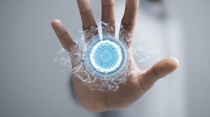 Human Hand Interacting with Digital Circular Interface in Futuristic Technology Scene