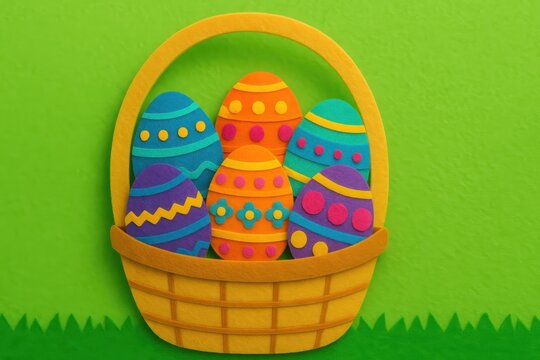 A basket full of colorful eggs adorns a vibrant green background conveying festive cheer
