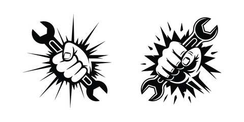 Hand holding wrench with starburst graphic illustration symbol for repair and service