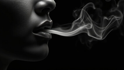 Obraz premium Close up of person profile exhaling smoke, showcasing intricate details of lips and smoke patterns against dark background. image evokes sense