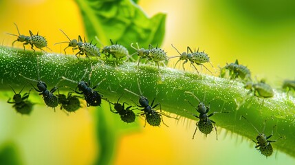 Macro shot of aphids clustered on the stem of a tomato plant.