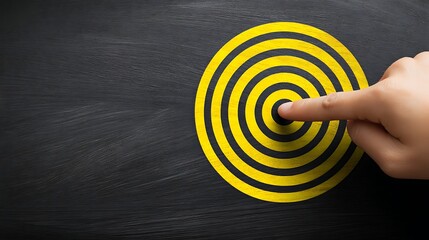 Person Touching Yellow Target on Dark Wooden Surface for Business and Strategy Concept