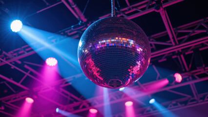 Shimmering disco ball reflects vibrant lights in lively atmosphere, creating festive mood for dancing and celebration