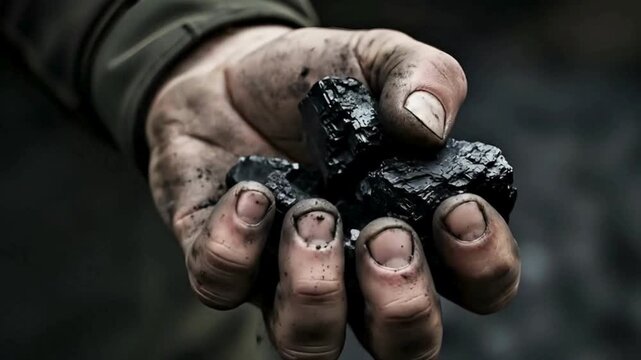 Miner gripping raw coal in hand, showcasing the grit, hard work and power of the energy industry in a strong, impactful visual