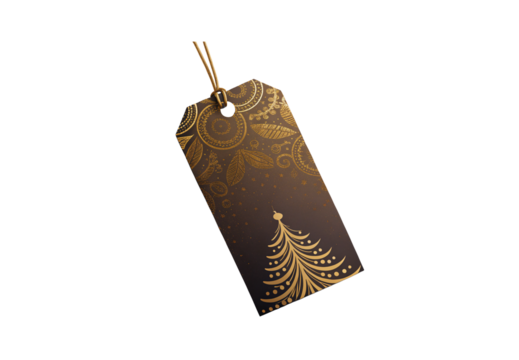Dark gift tag featuring golden ornamental patterns, festive tree, circular motifs, and nature elements, isolated on a transparent background